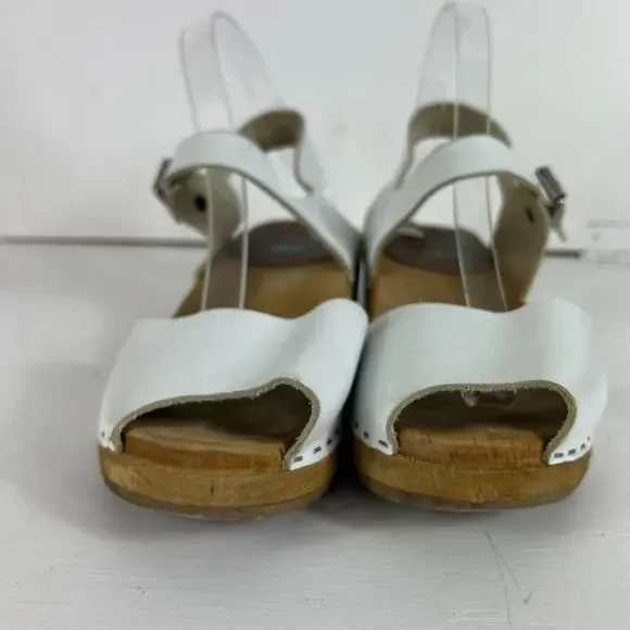 MIA Swedish Anja Leather Wooden Clog Women Size 9 40 White Ankle Strap Peep Toe - Picture 3 of 15